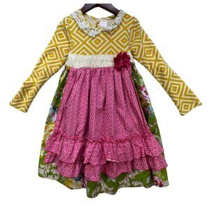 Giggle Moon Girls Long Sleeve Dress Size 5 Floral & Geometric Pattern